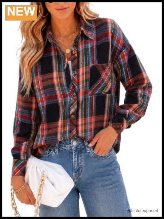 Tops - Women's Oversized Flannel Shirt Button Down Long Sleeve Plaid Shacket Blouse